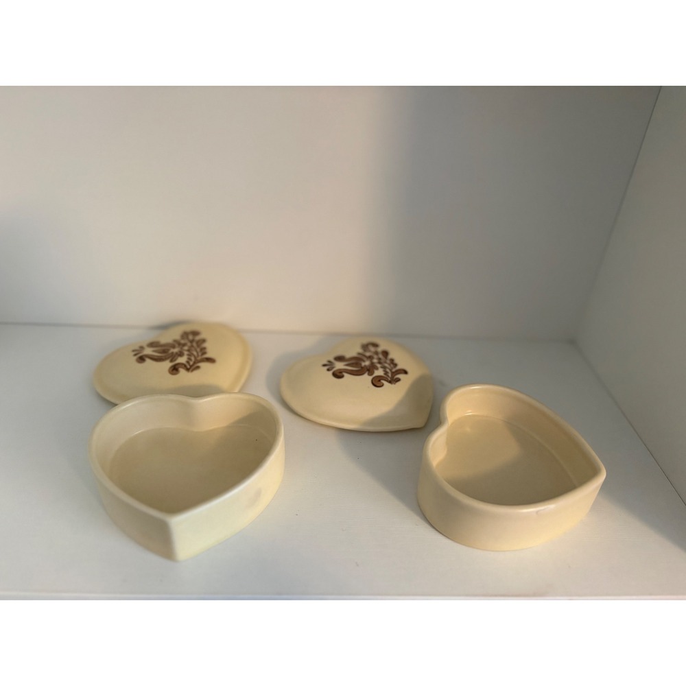 Vintage Pfaltzgraff Village Heart Trinket Box Set of 2 Brown Floral Stoneware